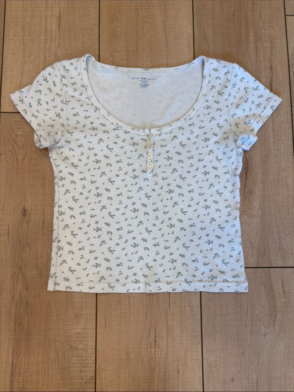 Brandy Melville White Short Sleeve Scoop Neck Top with Green Floral Print